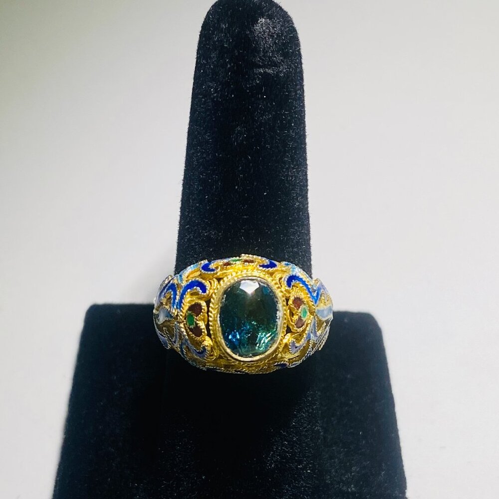 Barbara Garwood Blue Topaz Ring Mongolian Art 14K over Silver Sz. 6